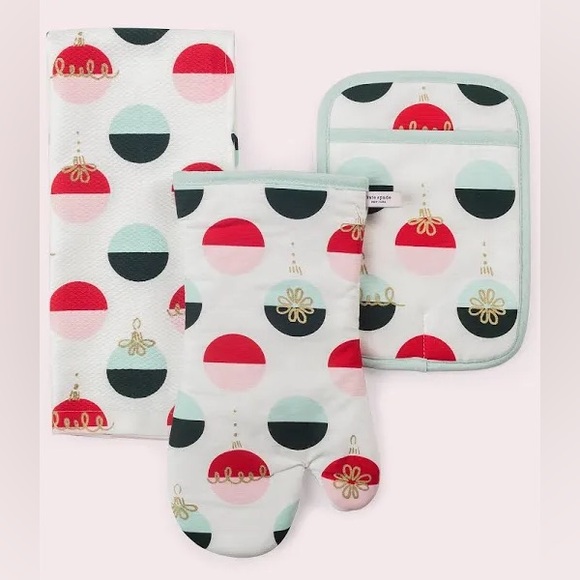 KATE SPADE NEW YORK 3 Piece Kitchen Set Towel Mitt Potholder Ornament NWT - Picture 1 of 6